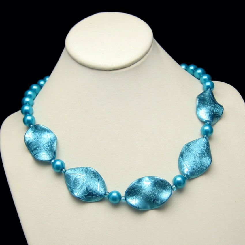 Vintage Faux Pearls Necklace Aqua Blue Glass Iridescent Discs Unique Design