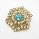 Vintage Rhinestone Snowflake Brooch Pin Mid Century Aqua Glass Pretty Hexagon