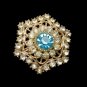Vintage Rhinestone Snowflake Brooch Pin Mid Century Aqua Glass Pretty Hexagon