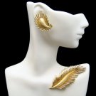 CROWN TRIFARI Vintage Brooch Pin Earrings Mid Century Feather Leaf Matte Set Gold Plated