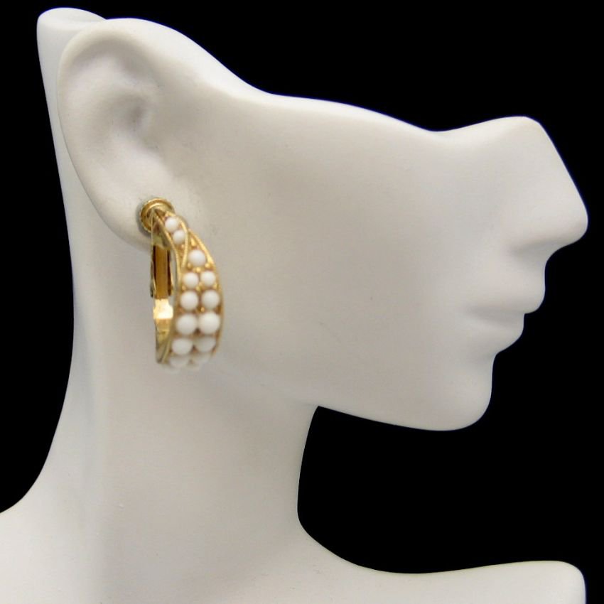 NAPIER Vintage Clip Earrings White Milk Glass Beads Mid Century Pretty Hoops Statement
