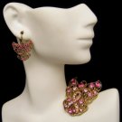 Vintage Filigree Angel Pink AB Rhinestones Brooch Pin Earrings Set Large
