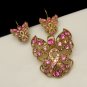 Vintage Filigree Angel Pink AB Rhinestones Brooch Pin Earrings Set Large