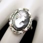 830 Silver Vintage Carved Shell Cameo Ring Abalone Marcasites Size 6.5