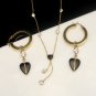 14K Gold Onyx Hearts Vintage Necklace Pierced Earrings Crystals CZs Glamorous Set