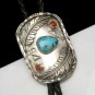 Vintage Necklace Mid Century Sterling Silver Turquoise Coral Large Medallion Bolo Tie Leather