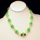 Vintage Necklace Mid Century Green Art Glass Faux Crystal Beads White Stripes Very Unique