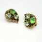 WEISS Vintage Clip Earrings Mid Century Green Rhinestone Teardrop Gold Plated Unique Design