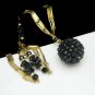 CROWN TRIFARI Vintage Necklace Mid Century Black Crystal Pendant Glass Beads Long