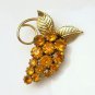 Vintage Brooch Pin Mid Century Topaz Glass Rhinestones Grape Leaves Beautiful Design