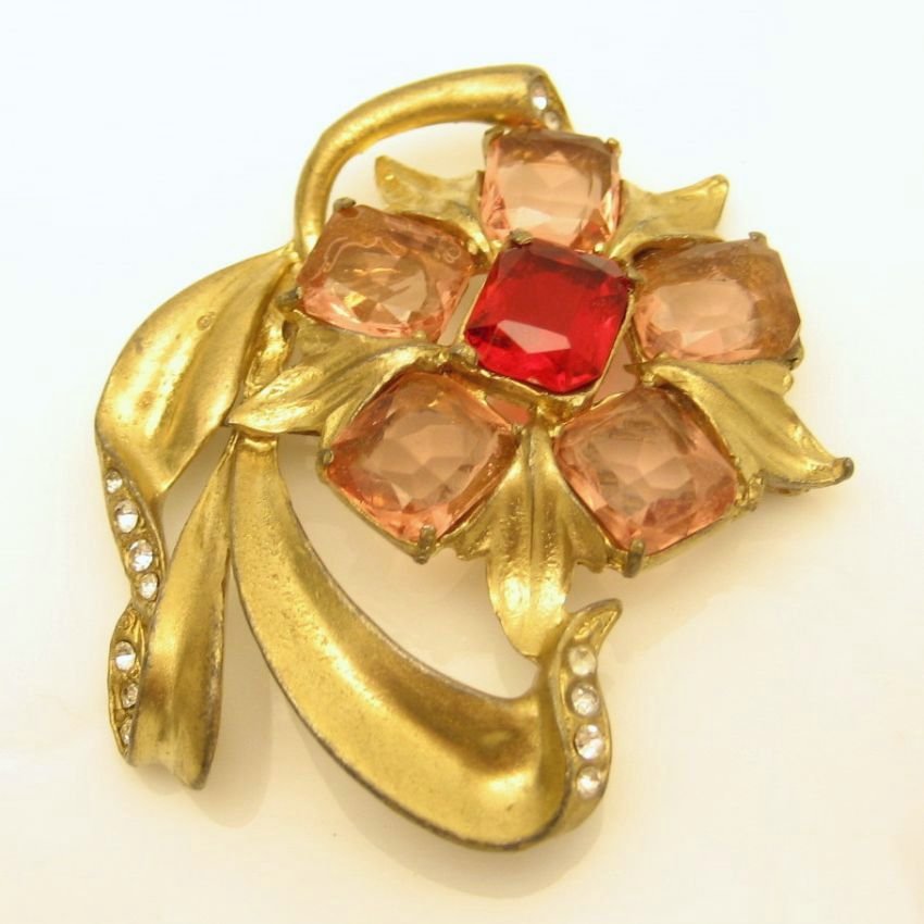 Vintage Flower Brooch Pin Mid Century Red Pink Glass Pot Metal Retro Large Gold Plated