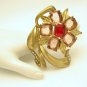Vintage Flower Brooch Pin Mid Century Red Pink Glass Pot Metal Retro Large Gold Plated
