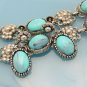 Vintage Faux Turquoise Bracelet Earrings Mid Century Nouveau Style Set Silvertone Large