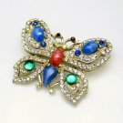 Vintage Rhinestone Butterfly Brooch Pin Mid Century Large Glass Stones Blue Green Pink Figural