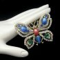 Vintage Rhinestone Butterfly Brooch Pin Mid Century Large Glass Stones Blue Green Pink Figural