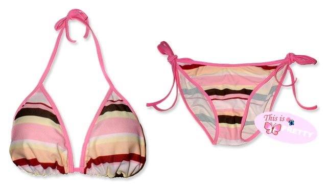 New Pink Black Stripes String Bikini Top & Matching Tie Sides Bottom