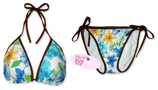 New Brown Blue-Yellow Tropical String Bikini Top & Matching Tie Sides Bottom