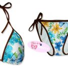 New Brown Blue-Yellow Tropical String Bikini Top & Matching Tie Sides Bottom
