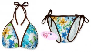 New Brown Blue-Yellow Tropical String Bikini Top & Matching Tie Sides Bottom