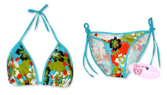 New Blue Hawaiian Tropical String Bikini Top & Matching Tie Sides Bottom