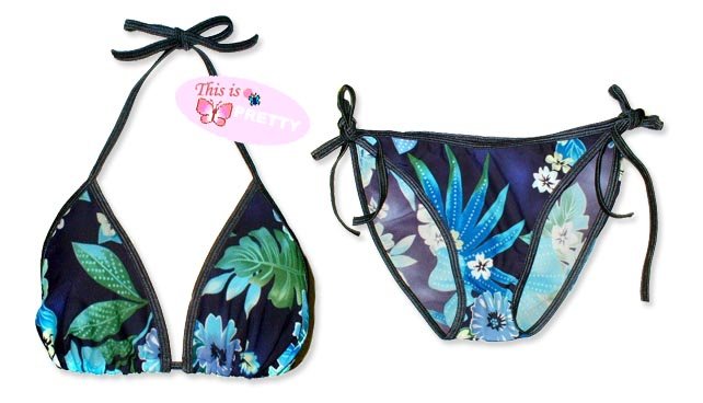 New Dark Blue Tropical String Bikini Top & Matching Tie Sides Bottom