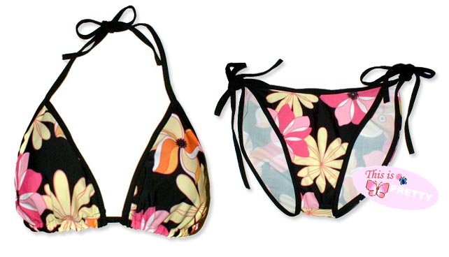 New Black Pink-Yellow Tropical String Bikini Top & Matching Tie Sides Bottom