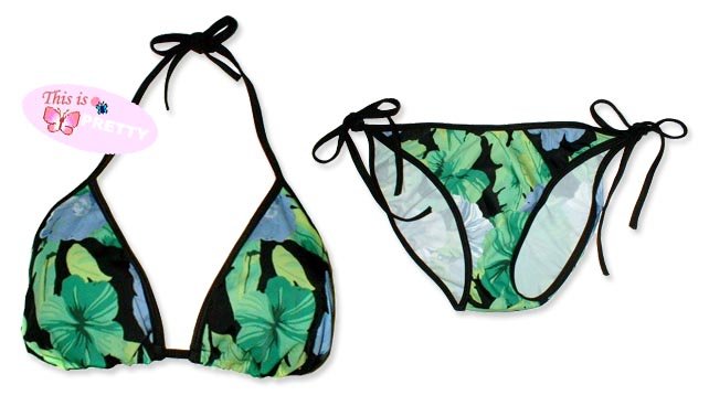 New Black Green Tropical String Bikini Top & Matching Tie Sides Bottom