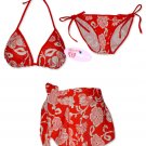 New Red Hawaiian String Bikini Top With Matching Tie Sides Bottom & Cover Skirt