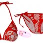 New Red Hawaiian String Bikini Top With Matching Tie Sides Bottom & Cover Skirt