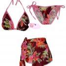 New Pink Tropical String Bikini Top With Matching Tie Sides Bottom & Cover Skirt