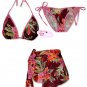 New Pink Tropical String Bikini Top With Matching Tie Sides Bottom & Cover Skirt