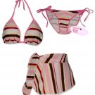 New Pink Stripes String Bikini Top With Matching Tie Sides Bottom & Cover Skirt