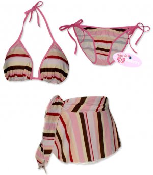 New Pink Stripes String Bikini Top With Matching Tie Sides Bottom & Cover Skirt