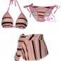New Pink Stripes String Bikini Top With Matching Tie Sides Bottom & Cover Skirt
