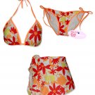 New Orange Red Hawaiian String Bikini Top With Matching Tie Sides Bottom & Cover Skirt
