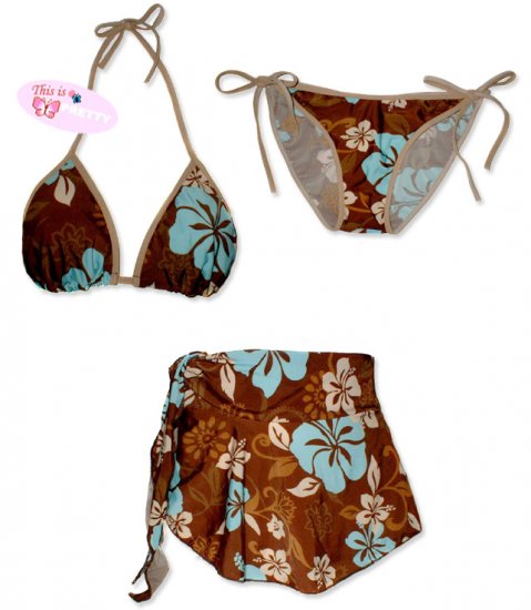 New Brown-Blue Hawaiian String Bikini Top With Matching Tie Sides Bottom & Cover Skirt