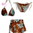New Brown-Blue Hawaiian String Bikini Top With Matching Tie Sides Bottom & Cover Skirt