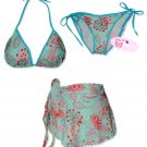 New Blue Pink Paisley String Bikini Top With Matching Tie Sides Bottom & Cover Skirt