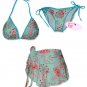 New Blue Pink Paisley String Bikini Top With Matching Tie Sides Bottom & Cover Skirt