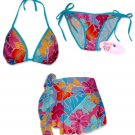 New Blue-Pink Tropical String Bikini Top With Matching Tie Sides Bottom & Cover Skirt