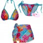 New Blue-Pink Tropical String Bikini Top With Matching Tie Sides Bottom & Cover Skirt