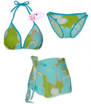 New Blue-Green Tropical String Bikini Top With Matching Bottom & Cover Skirt