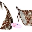 New Brown White Tropical Halter Bikini Top & Matching Tie Sides Bottom