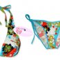 New Blue Hawaiian Tropical Halter Bikini Top & Matching Tie Sides Bottom