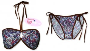 New Brown Purple Paisley String Bandeau Bikini Top & Matching Tie Sides Bottom