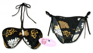 New Sexy Black Gold Tropical String Bandeau Bikini Top & Matching Tie Sides Bottom