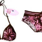 New Sporty Brown Pink Tropical String Bikini Top & Matching Ribbon Boyshort