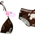 New Sporty Brown White Tropical String Bikini Top & Matching Ribbon Boyshort