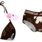 New Sporty Brown White Tropical String Bikini Top & Matching Ribbon Boyshort
