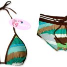 New Sporty Brown Gold Stripes String Bikini Top & Matching Ribbon Boyshort